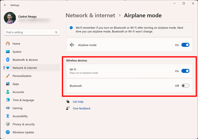 Enable or disable Wi-Fi and Bluetooth during Airplane mode
