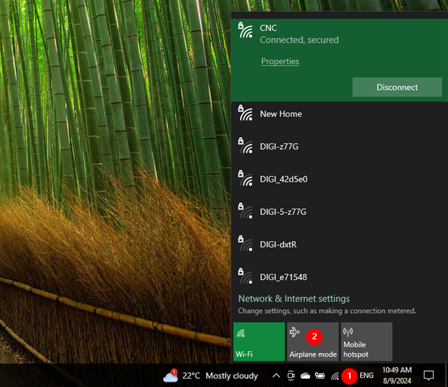 Turning on the Airplane mode in Windows 10