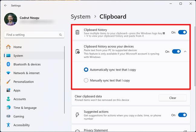 The Clipboard history and syncing features in Windows 11