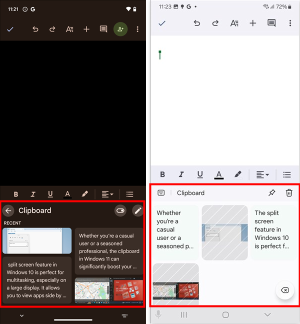 The Android clipboard in Google Gboard and Samsung Keyboard