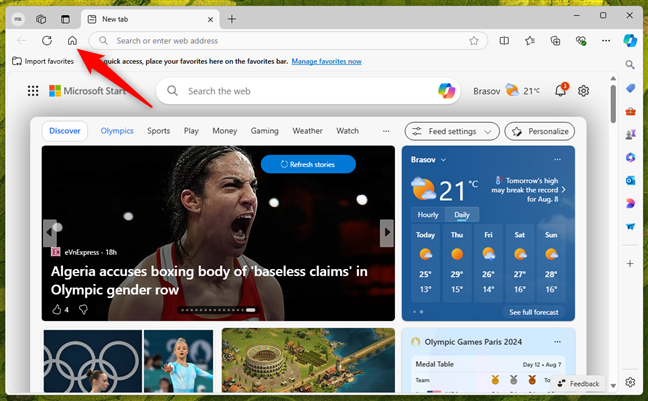 The Home button in Edge