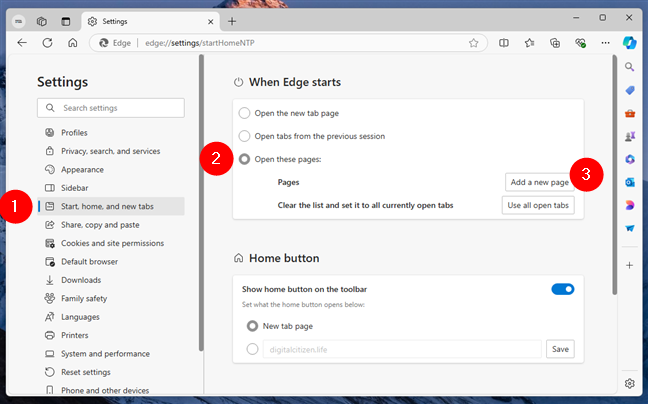Start adding a new page to open on startup in Edge