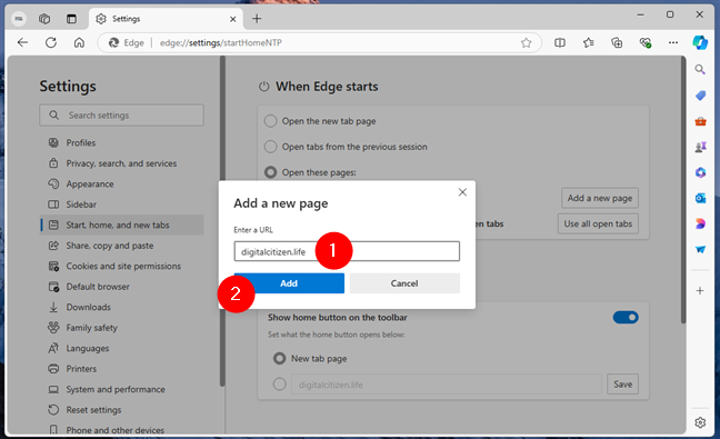 Add a new startup page in Microsoft Edge