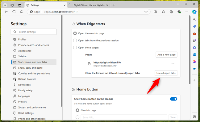 Add all the open tabs as startup pages