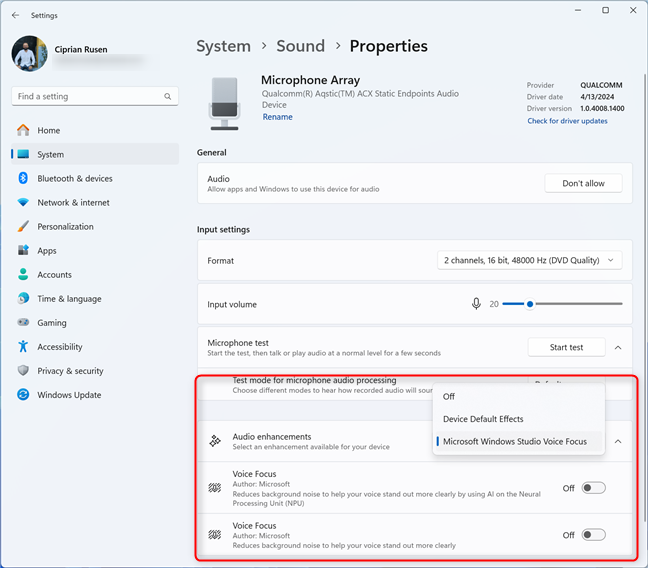 Turning off Voice Focus