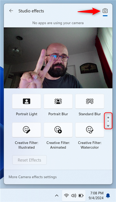Navigating Studio effects in Quick Settings