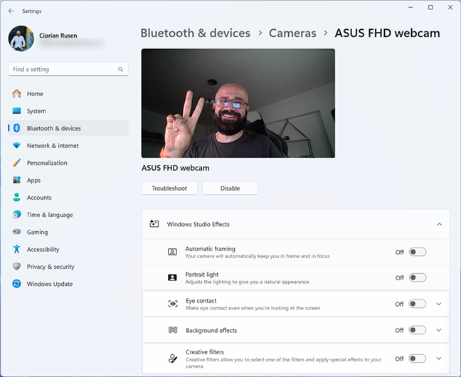 Windows Studio Effects in the Settings app