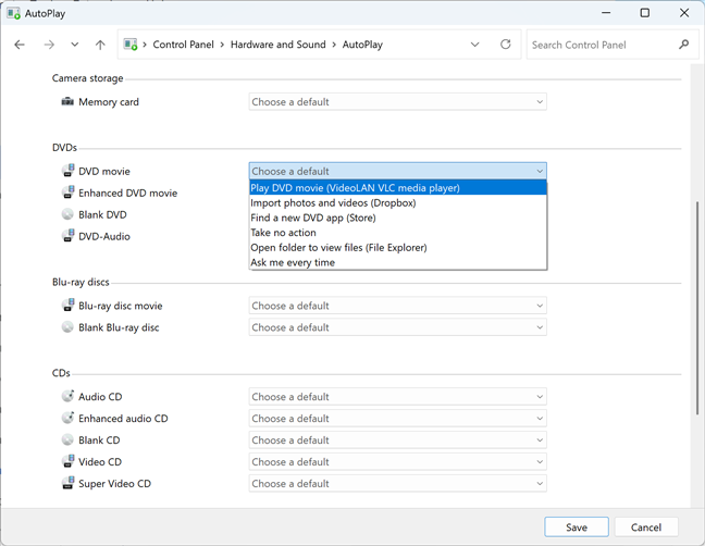 Setting how AutoPlay handles DVDs