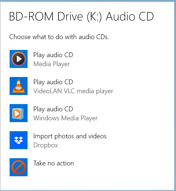 Setting what to do with audio CDs