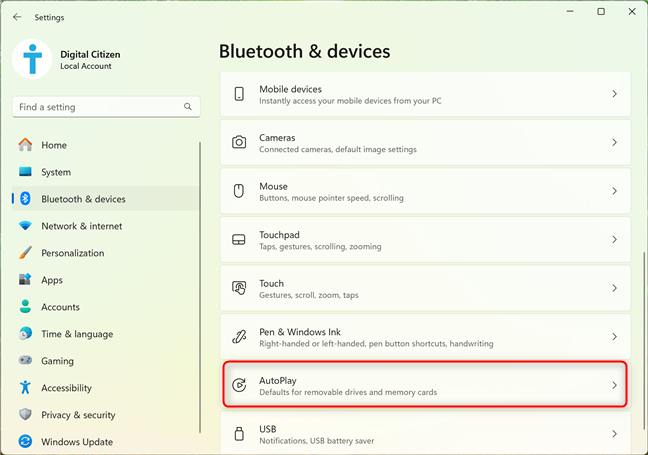 Where to find AutoPlay in Windows 11 Settings