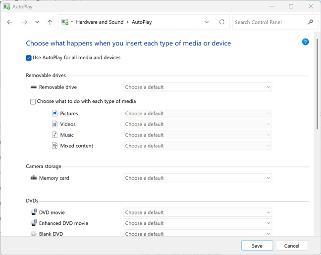 Configuring AutoPlay in Control Panel