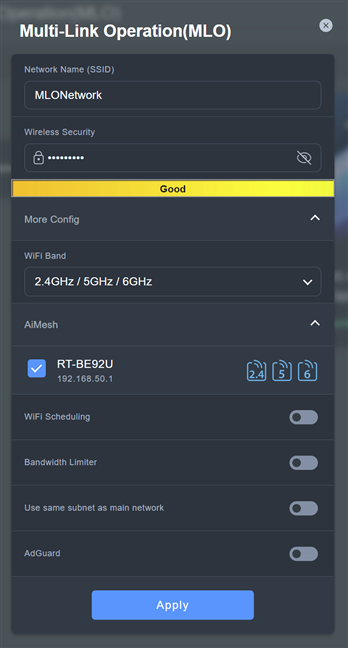 Configure your Wi-Fi and click or tap Apply