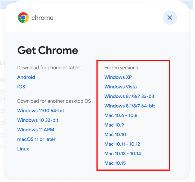 Frozen versions: Download Chrome for Windows 7, 8, 8.1, XP, Vista, and old mac OS