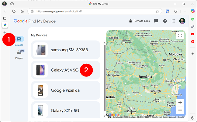 Go to the Find My Device website and select the missing device