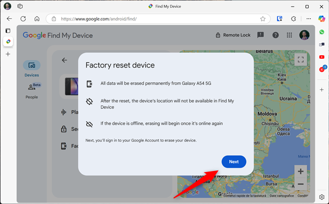 What happens when you factory reset a device and continue the process