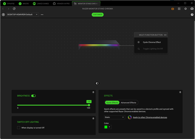 Razer Synapse allows you to change the lighting effects of the stand