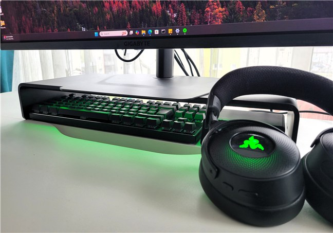 The monitor stand's RGB lights look great