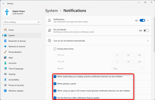Decide when to Turn on do not disturb automatically in Windows 11