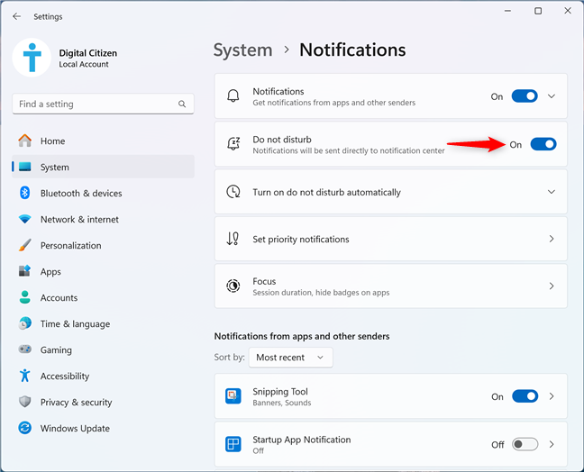 Enable the Windows 11 Do not disturb from Settings
