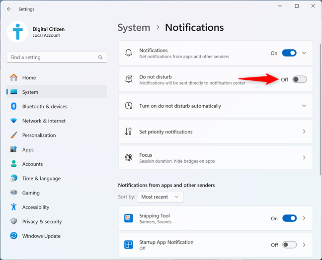 How to turn off Do not disturb in Windows 11 from Settings