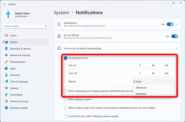 Schedule Do not disturb in Windows 11