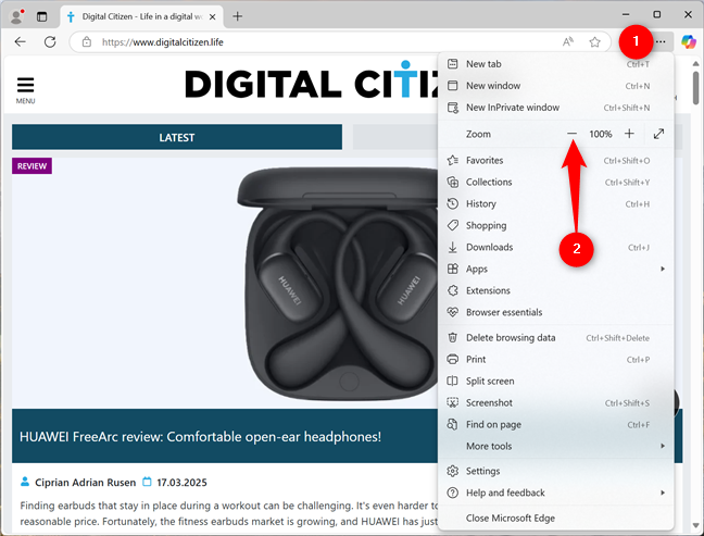 How to zoom out on a website using Edge's UI