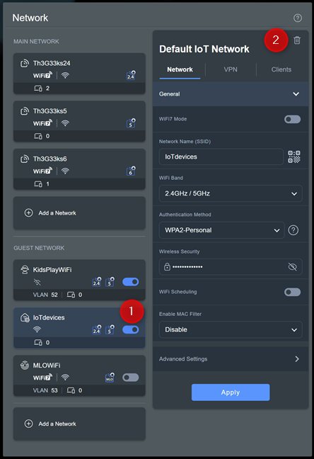 Select the Wi-Fi and click or tap Delete