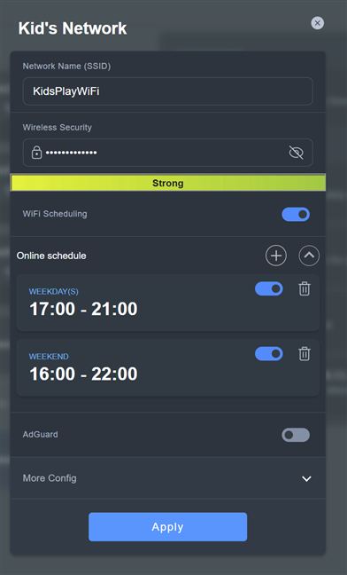 Set up your Kid's Network and click or tap Apply