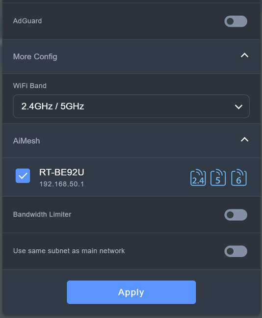 The advanced options available for your Kid's Network