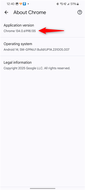 Check Chrome's version under Application version