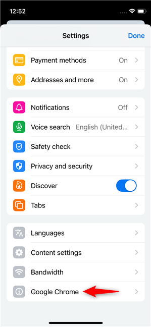 Tap Google Chrome at the end of the Settings list