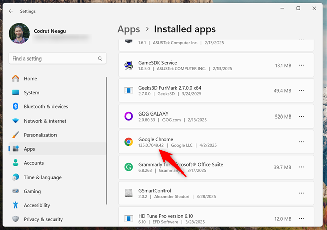 The Google Chrome version in Windows 11's Settings