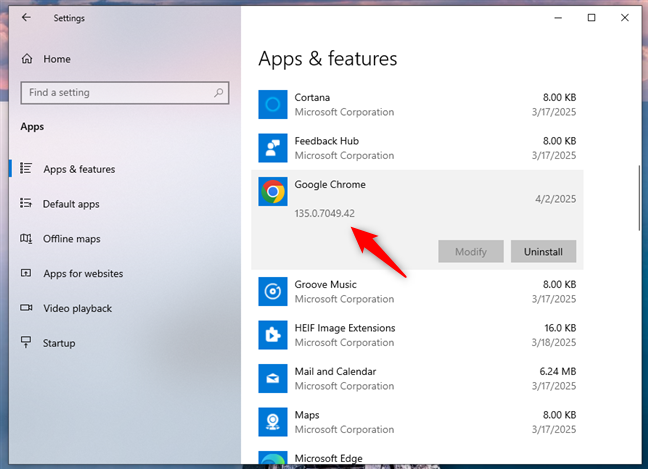 Select Google Chrome and check its version in Windows 10