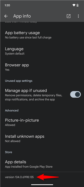 Scroll down to the bottom and check Chrome's version on Android