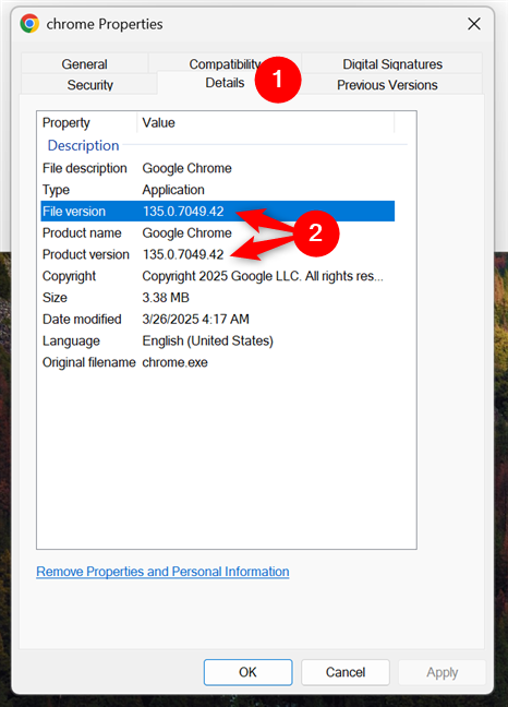 The File version and Product version tell you Chrome's version