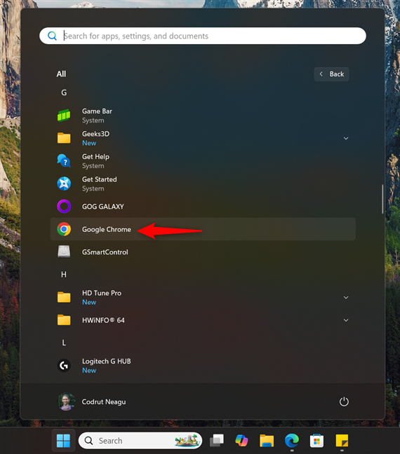 Find and click Google Chrome in the Windows Start Menu