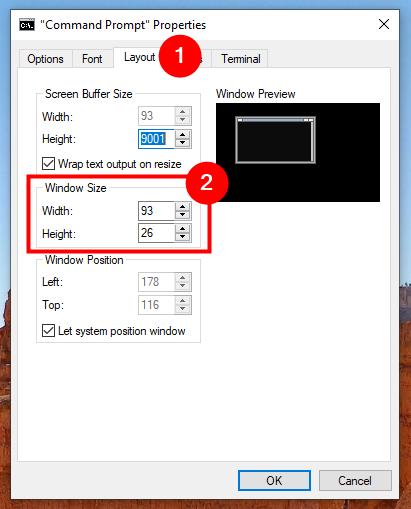 Choose the size you prefer for your Command Prompt window