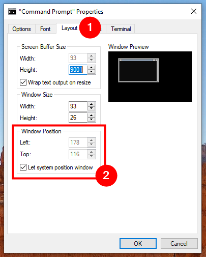 Use the Left and Top fields to change the position of the Command Prompt window on your screen