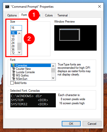 Select or enter a size for the font in the Command Prompt