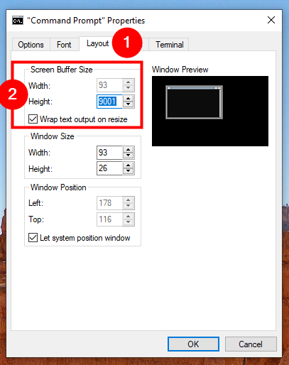 Screen Buffer Size controls the number of characters and lines displayed