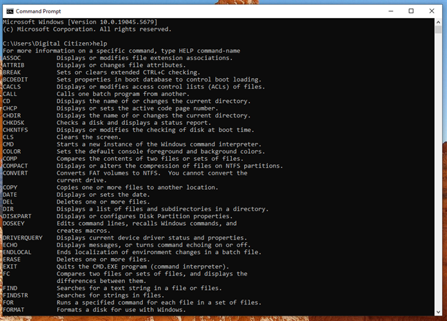 The Command Prompt showing some of the commands you can run