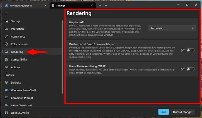 The Rendering settings in Windows Terminal