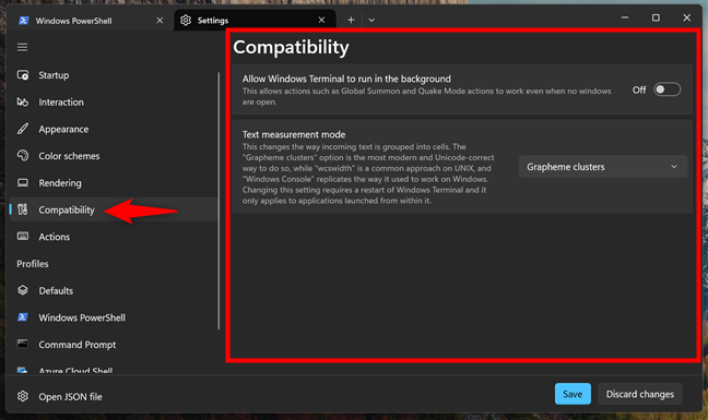 The Compatibility settings in Windows Terminal