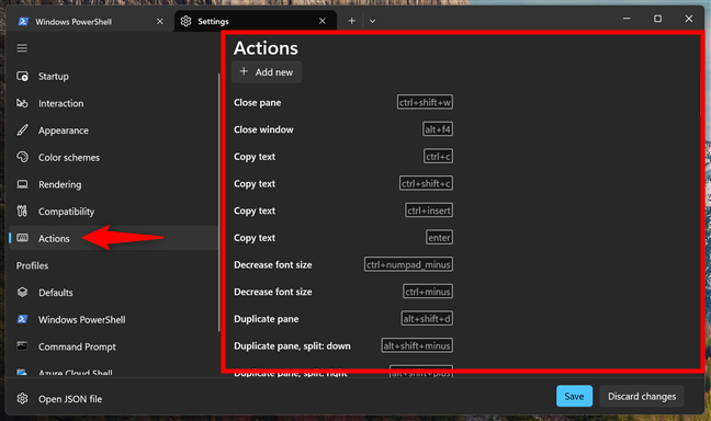 Actions, aka keyboard shortcuts, in Windows Terminal