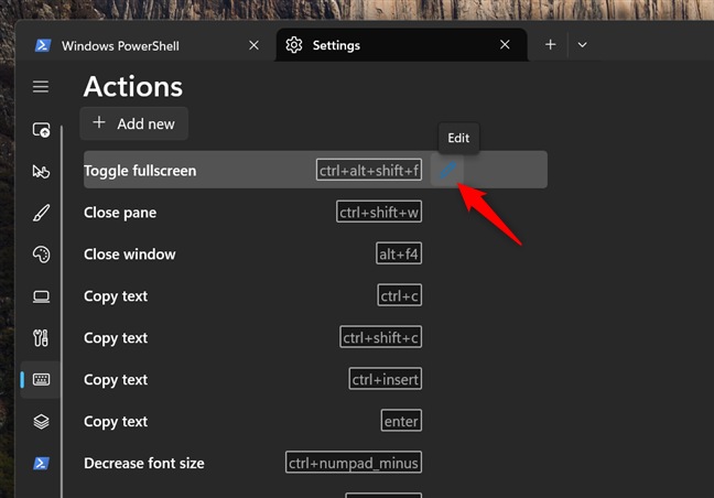 Edit a keyboard shortcut from Windows Terminal