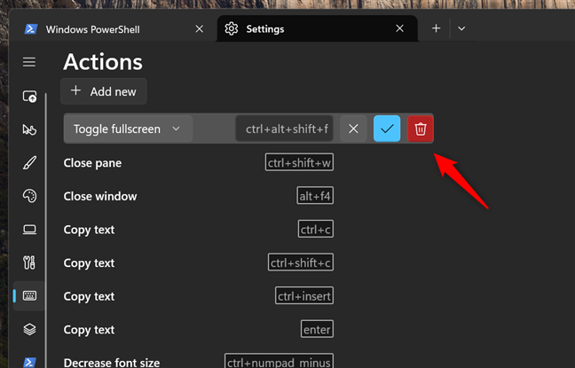 Delete a keyboard shortcut from Windows Terminal