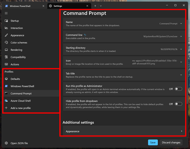 The Profiles settings in Windows Terminal