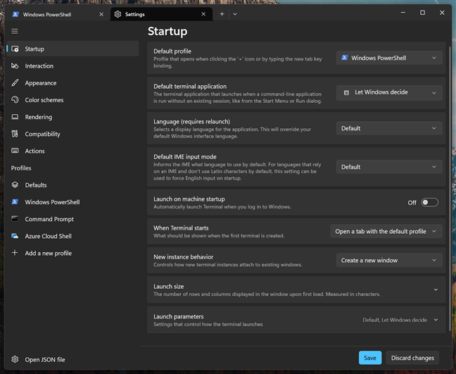Windows Terminal's Settings tab