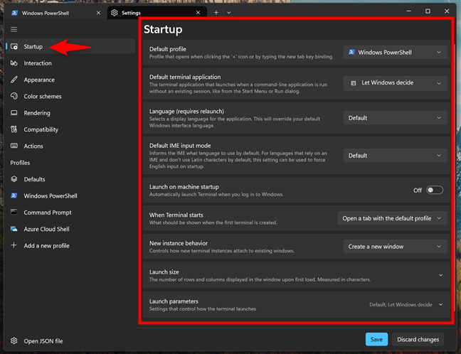 The Startup settings in Windows Terminal
