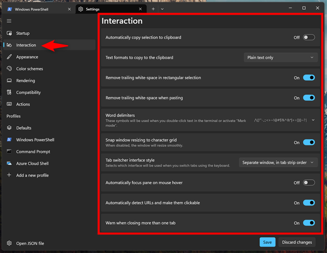 The Interaction settings in Windows Terminal